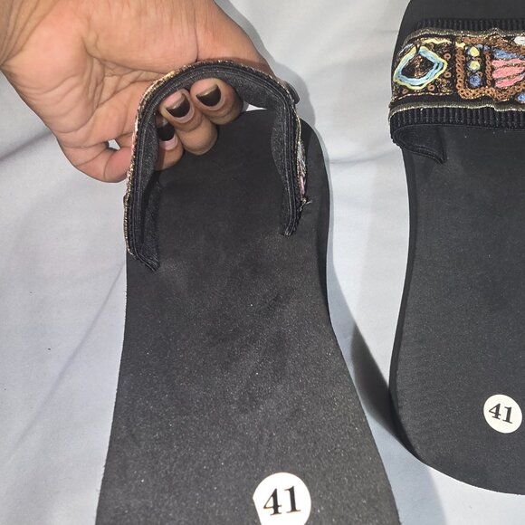 Shein Black Slide Sandals W Embroidered Sequin Design Size Euro 41 - Picture 2 of 7